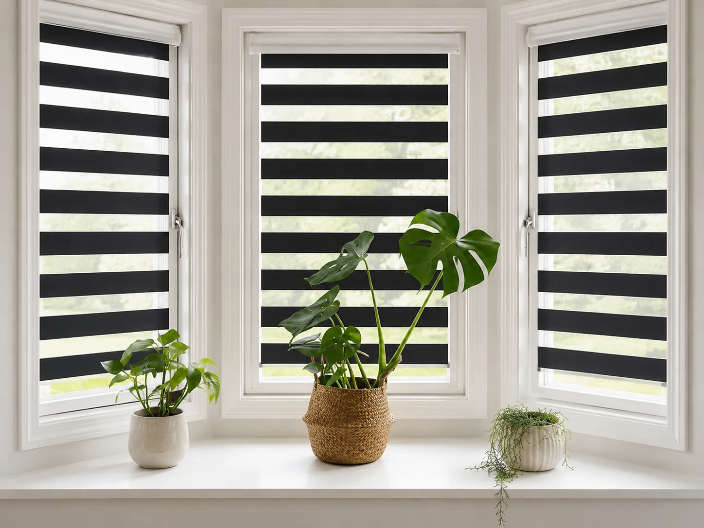 Black Vision blinds fitted across a white bay window with plants on the sill
