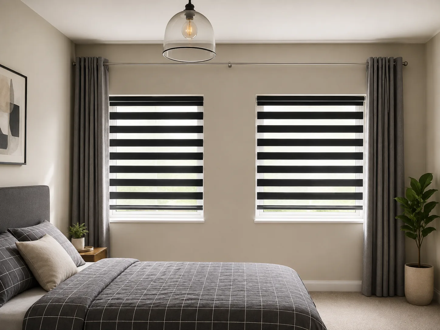 Black Vision blinds fitted to two bedroom windows with grey curtains