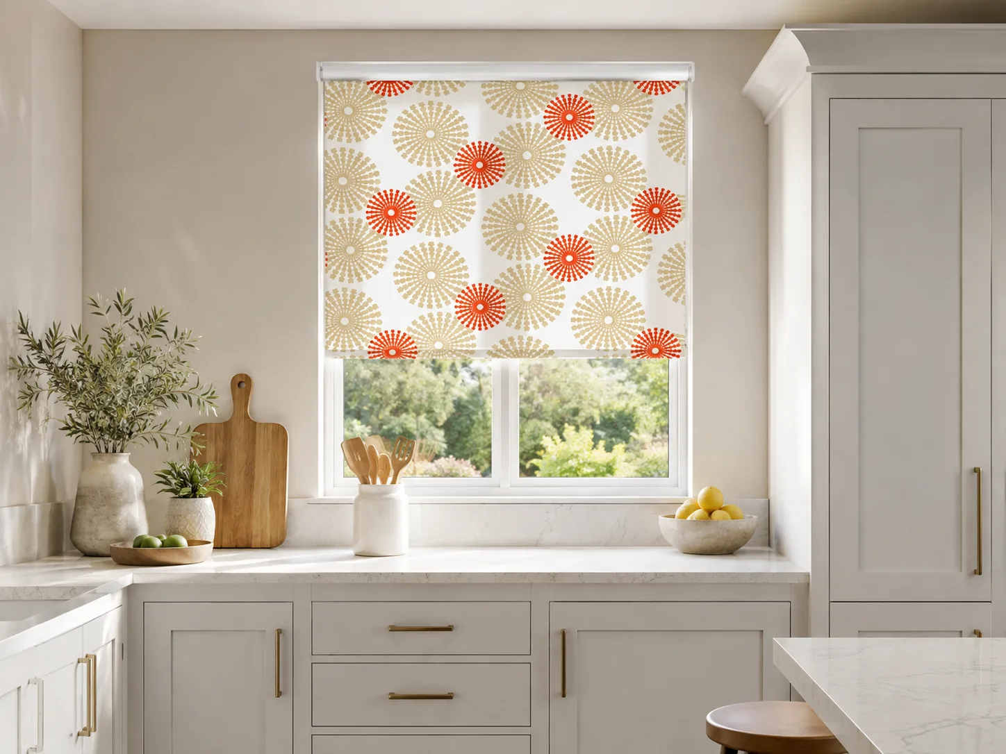 Patterned roller blind fitted above a window in a modern kitchen