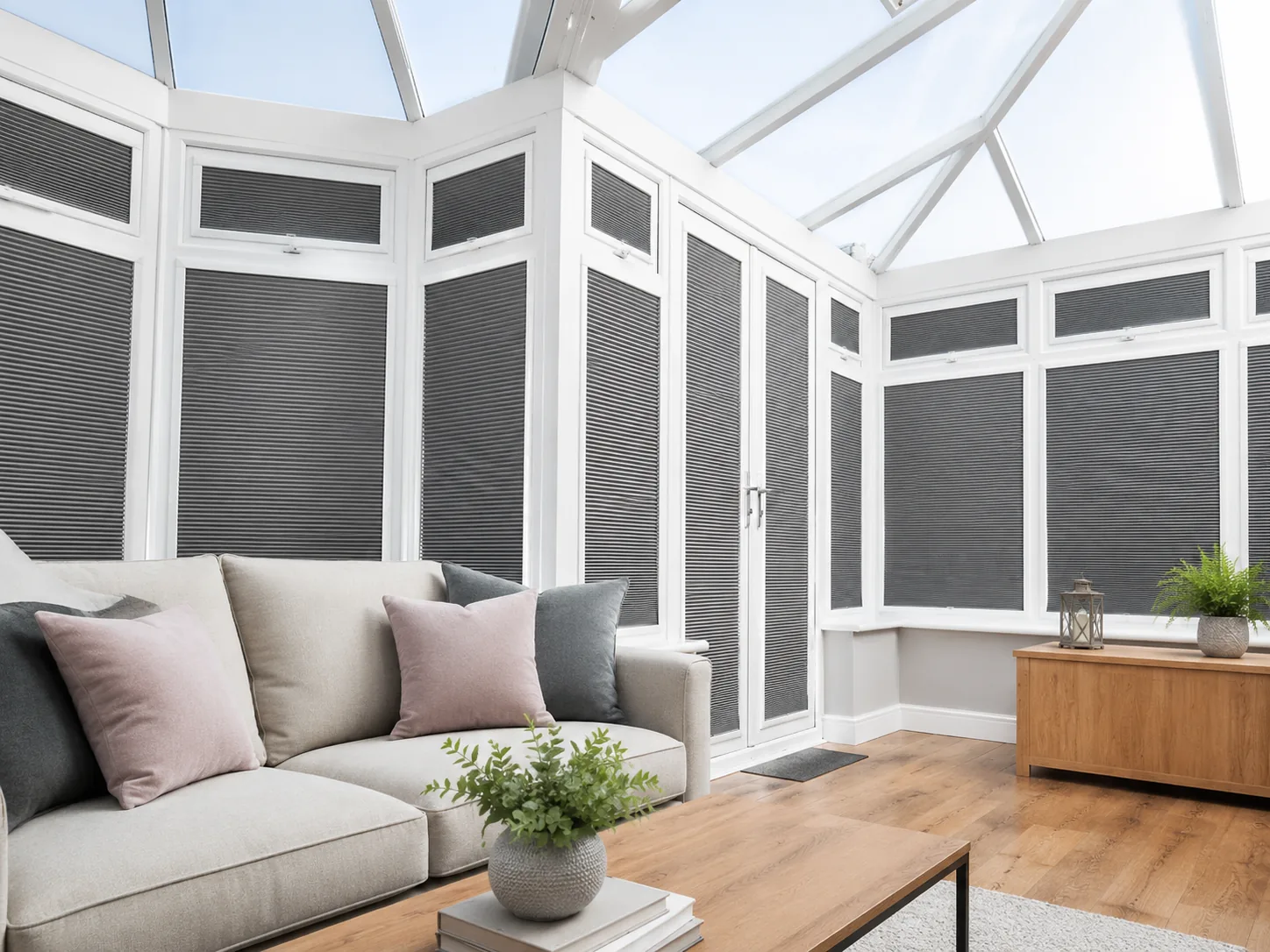 Dark pleated blinds fitted within multiple white conservatory window frames