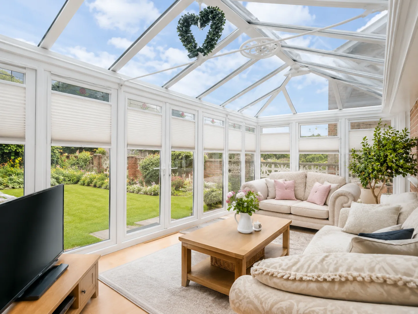 Bright furnished conservatory with extensive white-framed glazing