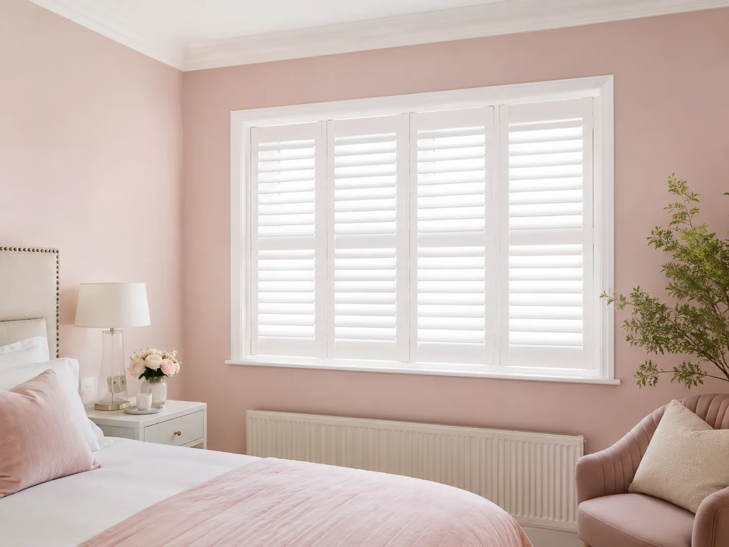 White window shutters fitted in a softly styled pink bedroom