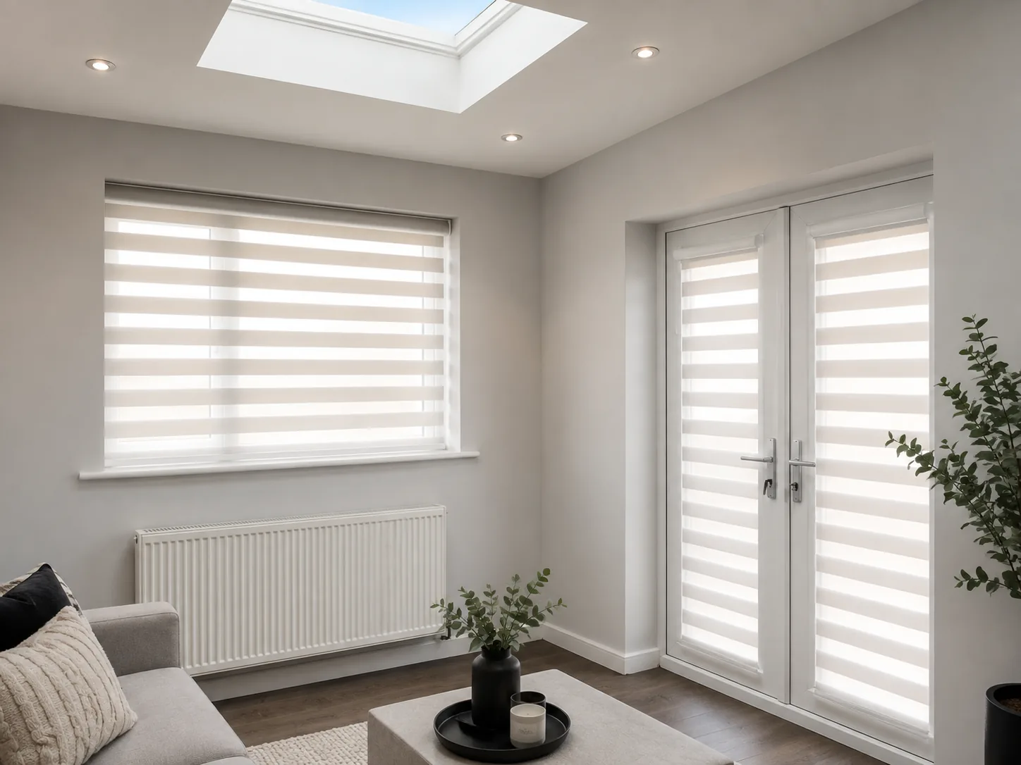 Matching pale Vision blinds fitted to a window and white French doors