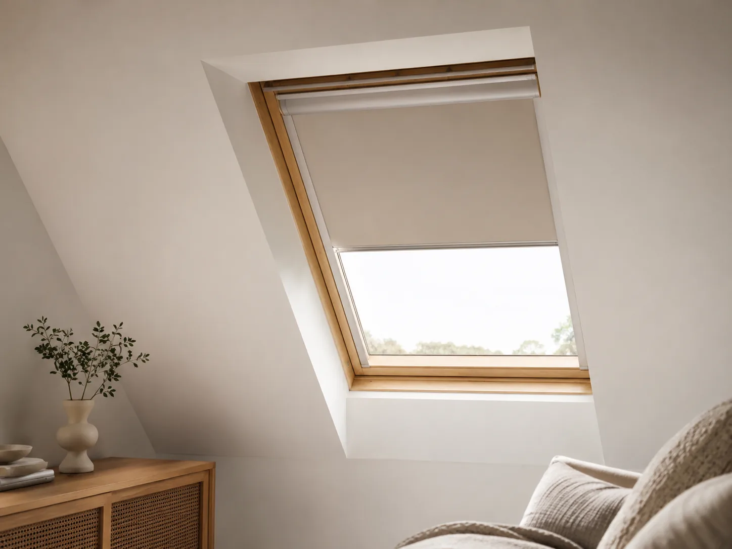 Light roof-window blind fitted in a modern loft room