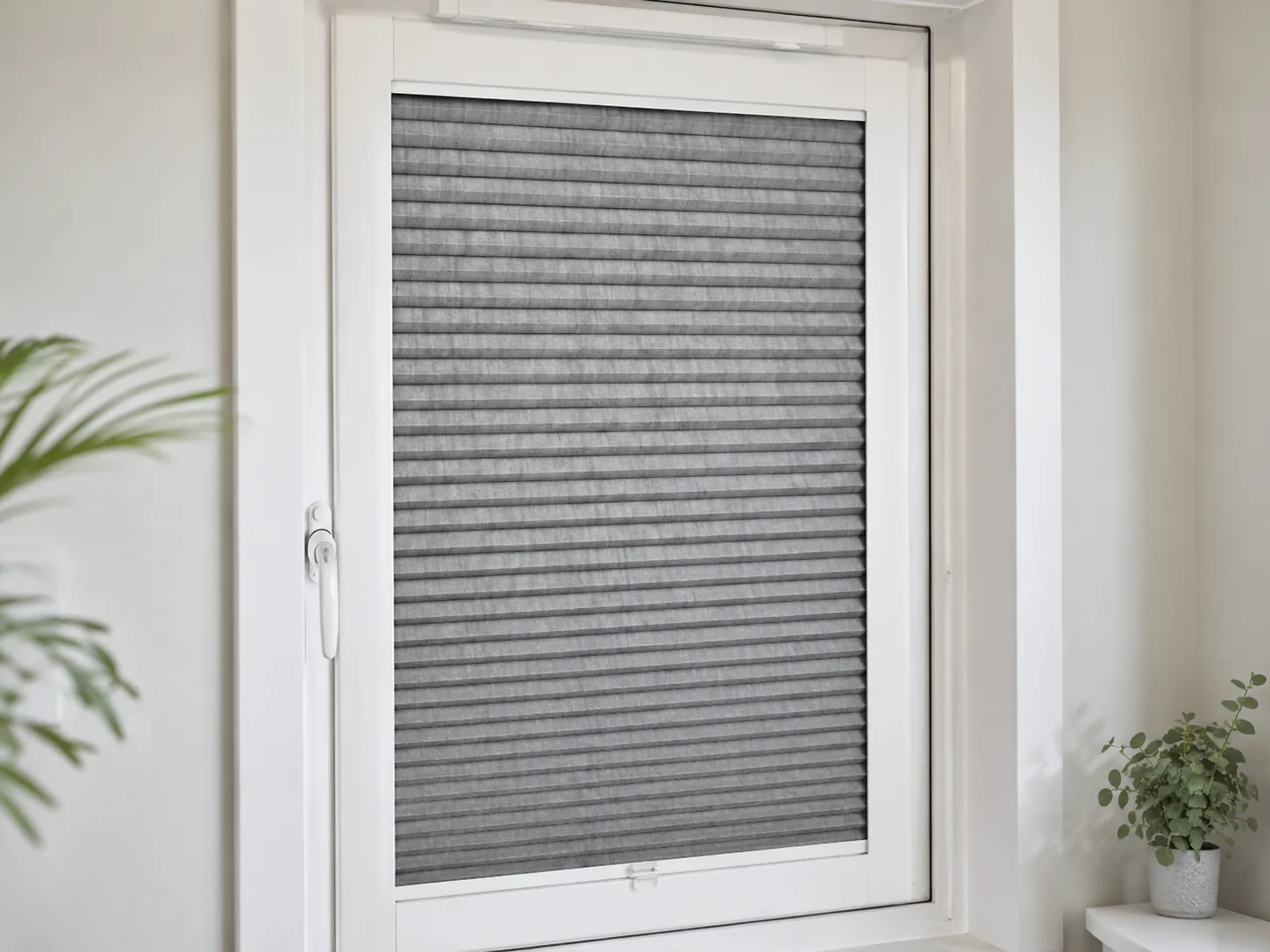Grey pleated Perfect Fit blind fitted neatly within a white window frame