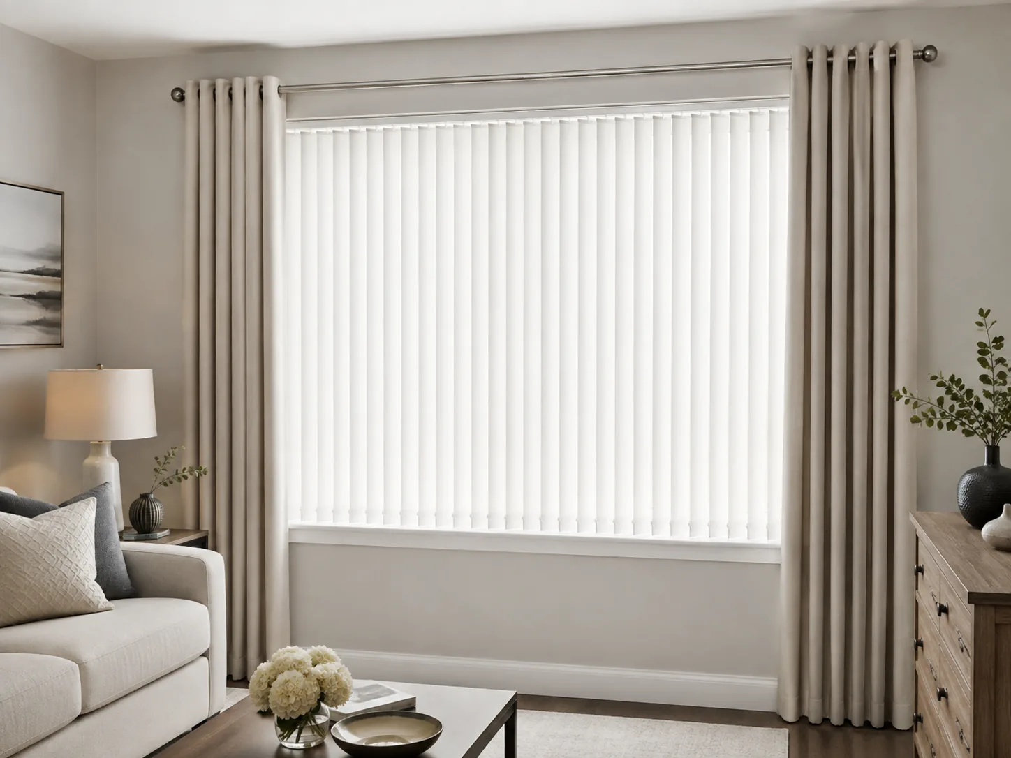 White vertical blinds fitted across a wide living-room window
