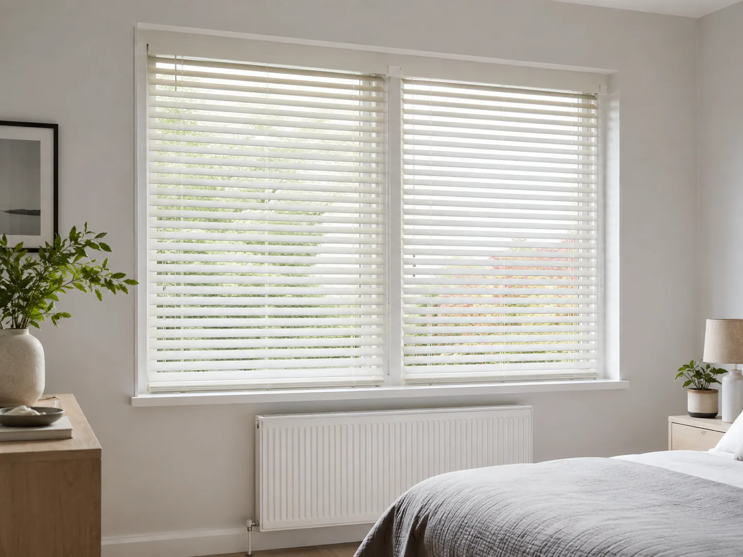 White Venetian blinds fitted across a wide bedroom window