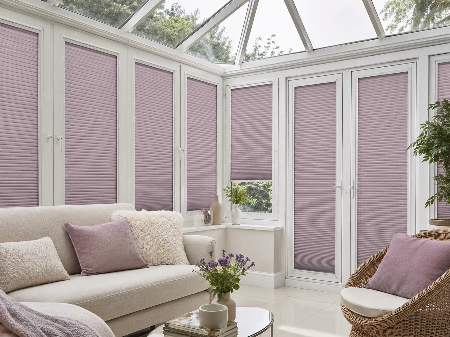 Mauve pleated blinds fitted within white conservatory window and door frames
