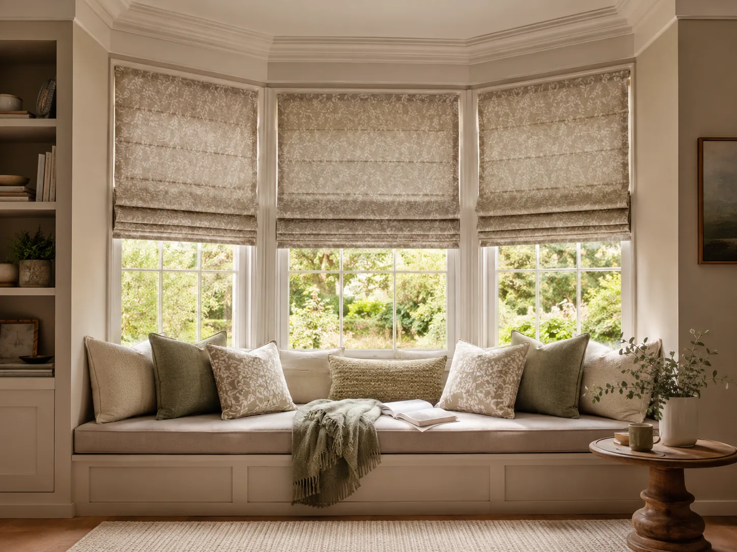Patterned Roman blinds fitted across a three-panel bay window with a window seat