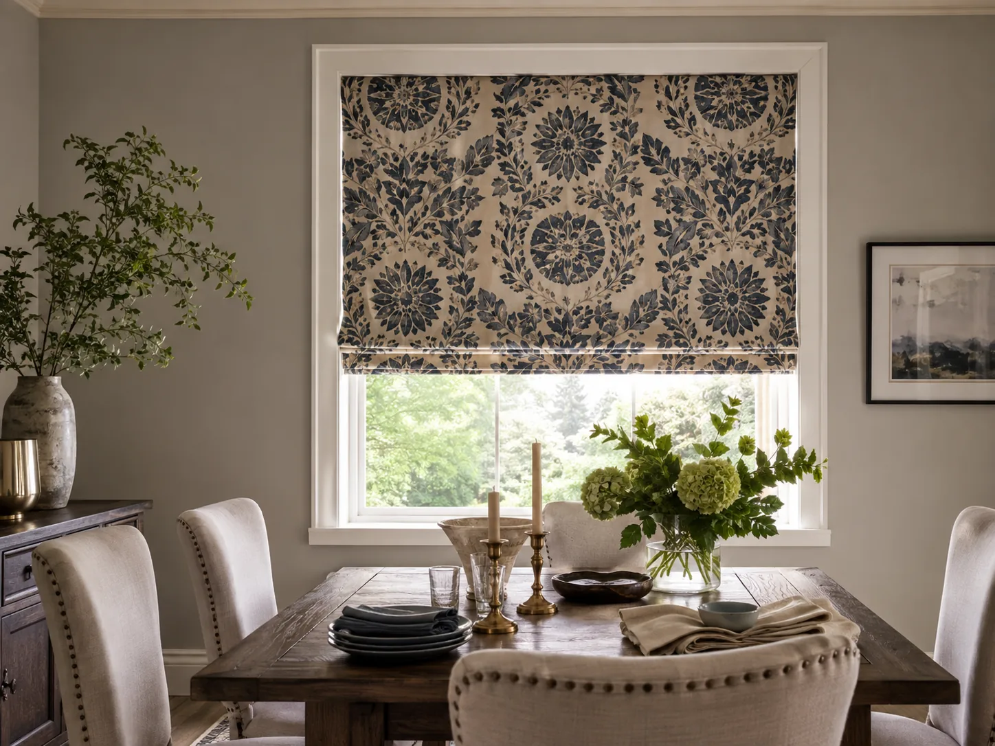 Patterned Roman blind fitted above a dining-room window