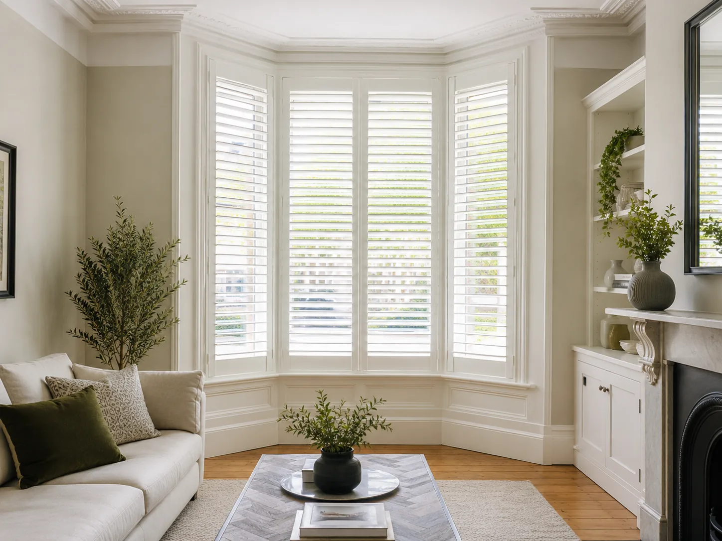 Full-height white shutters aligned across a bright period bay window
