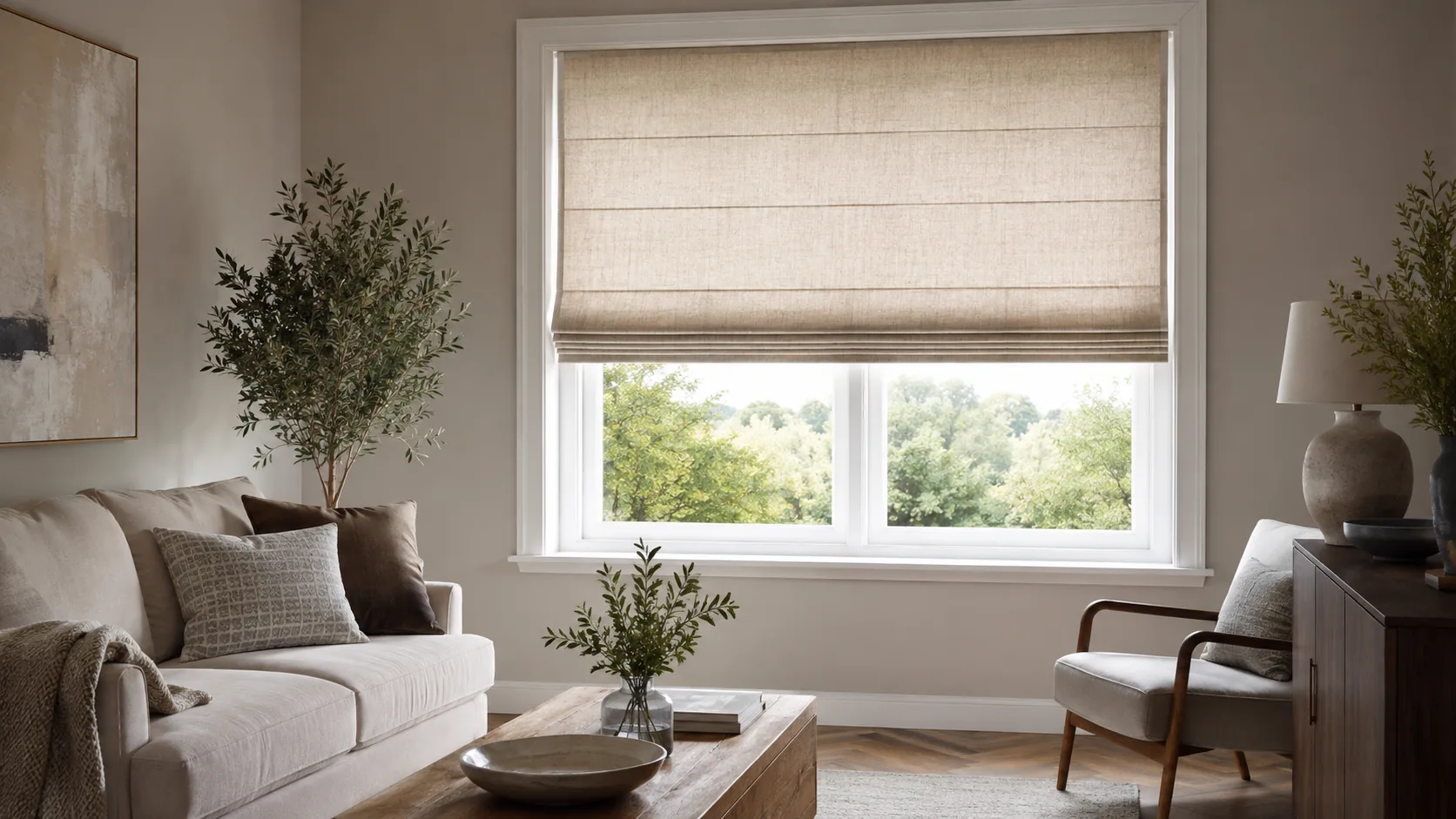 Neutral linen Roman blind fitted in a calm living room