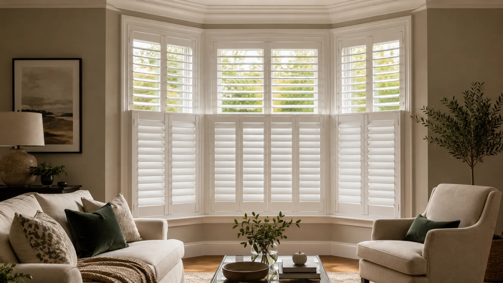 Full-height white shutters fitted across a period bay window