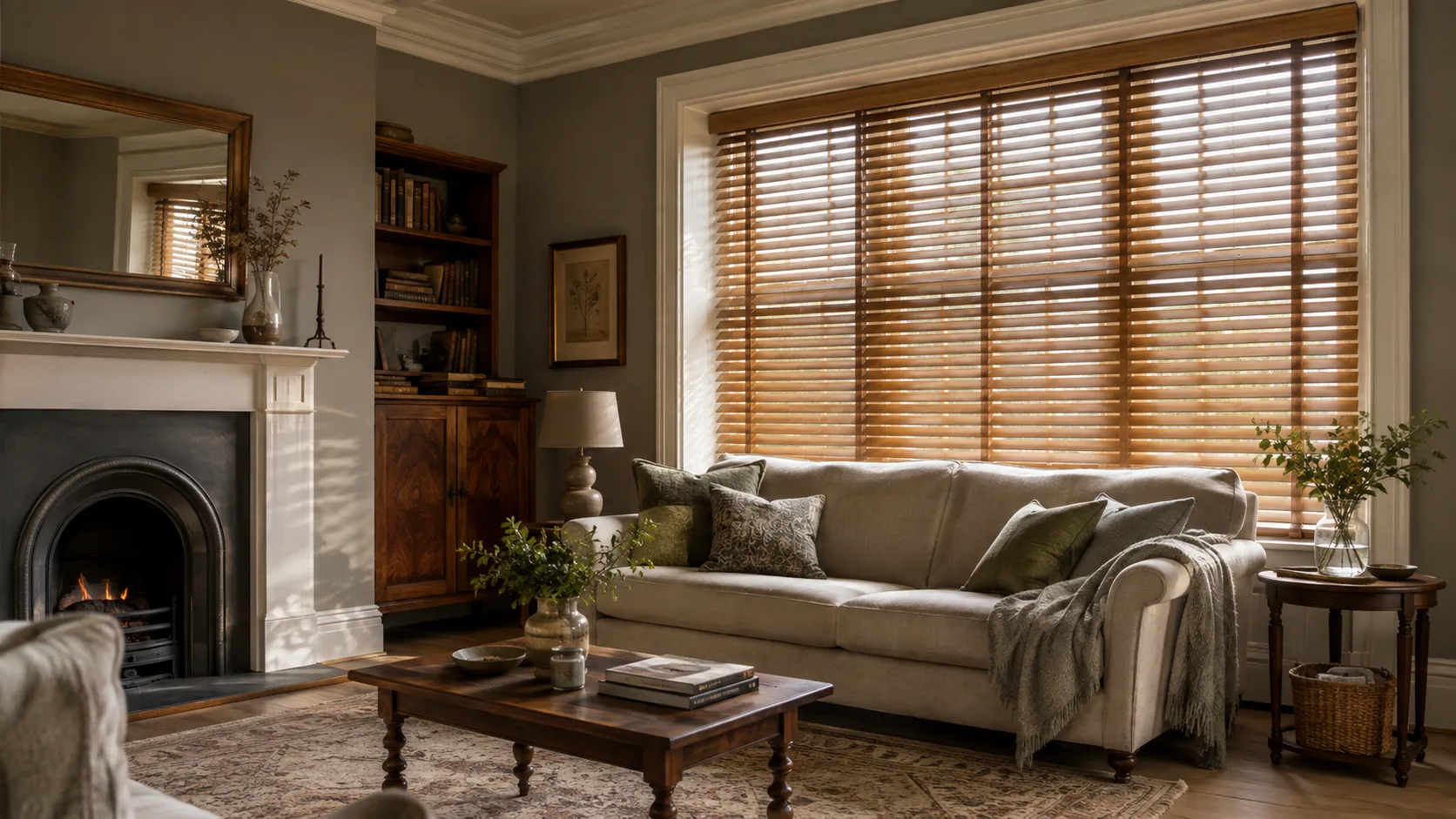 Warm real-wood Venetian blinds fitted in a heritage-style living room