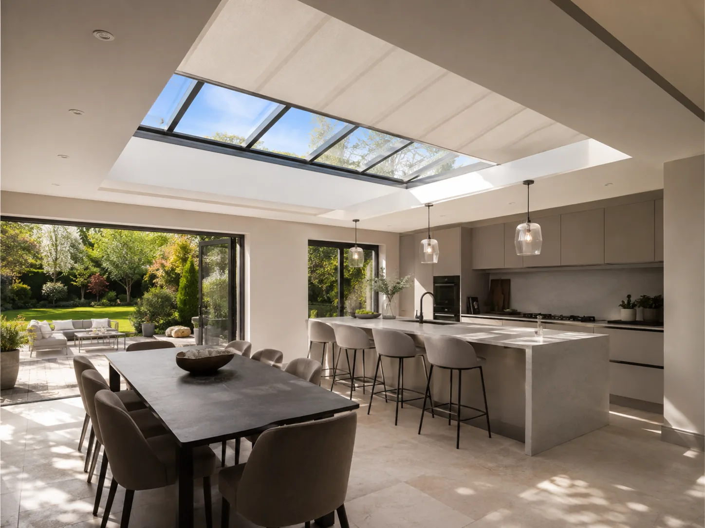 Electric roof lantern blind opening across overhead glazing