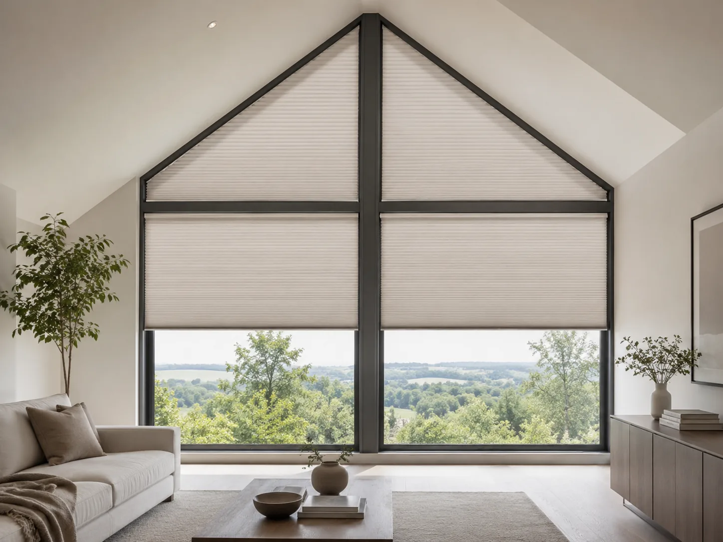 Pleated blinds fitted to tall gable glazing with triangular upper windows