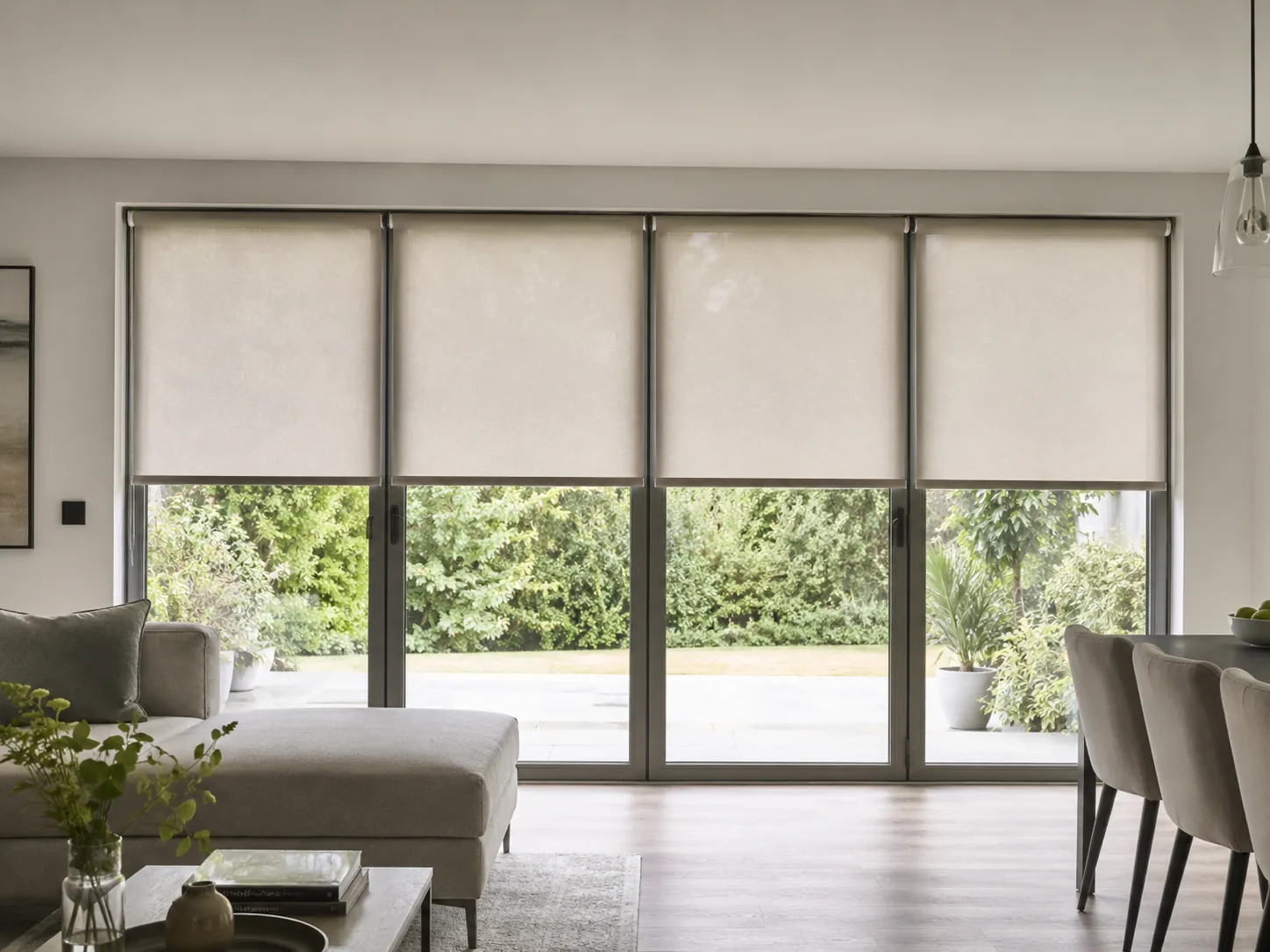 Individual light roller blinds fitted across wide sliding patio doors