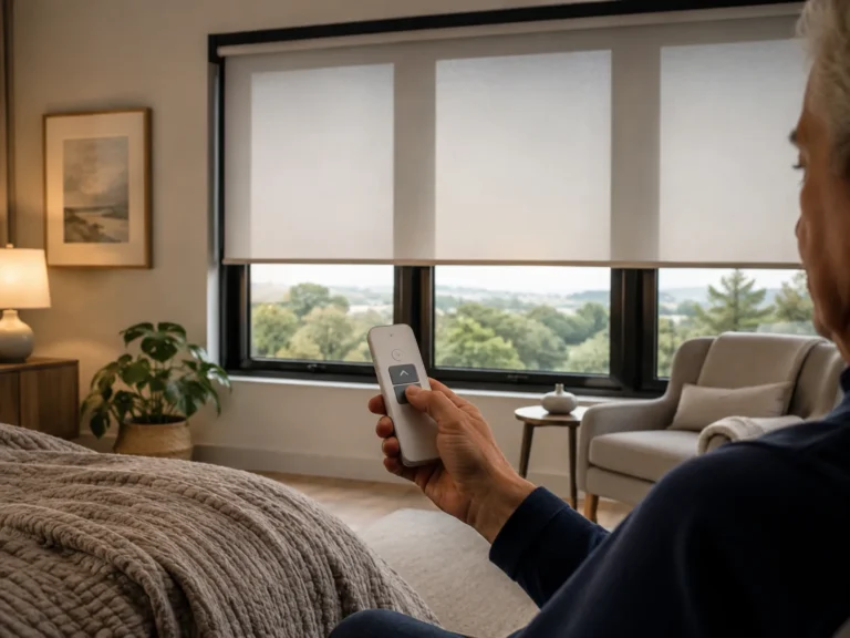 Person using a handheld remote to control multiple motorised roller blinds