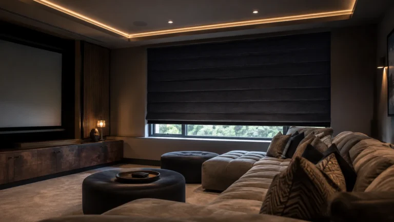 Dark Roman blind creating a blackout-style environment in a media room