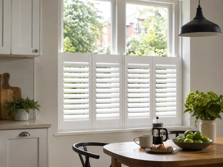 Cafe-style shutters fitted to the lower half of a kitchen window