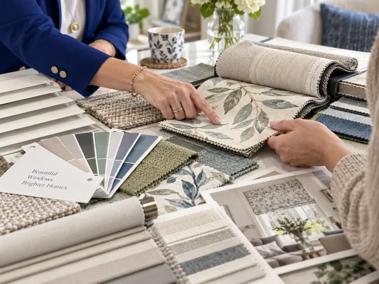 Close-up of neutral blind fabric and colour samples during a home design consultation