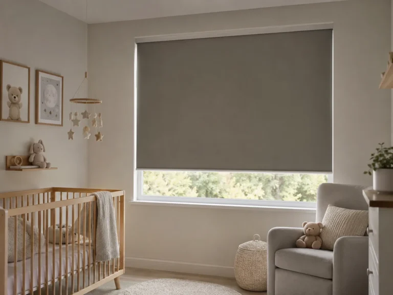 Dark blackout roller blind fitted in a neutral nursery