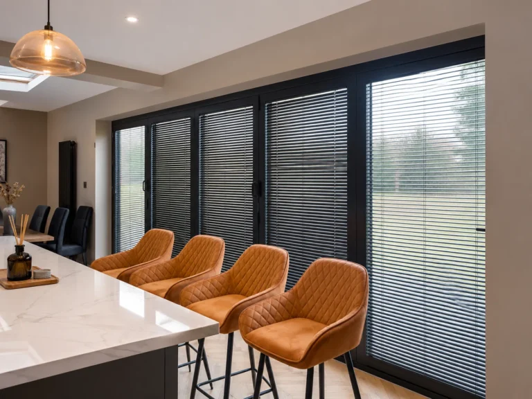 Dark Venetian blinds fitted across wide black-framed glazed doors