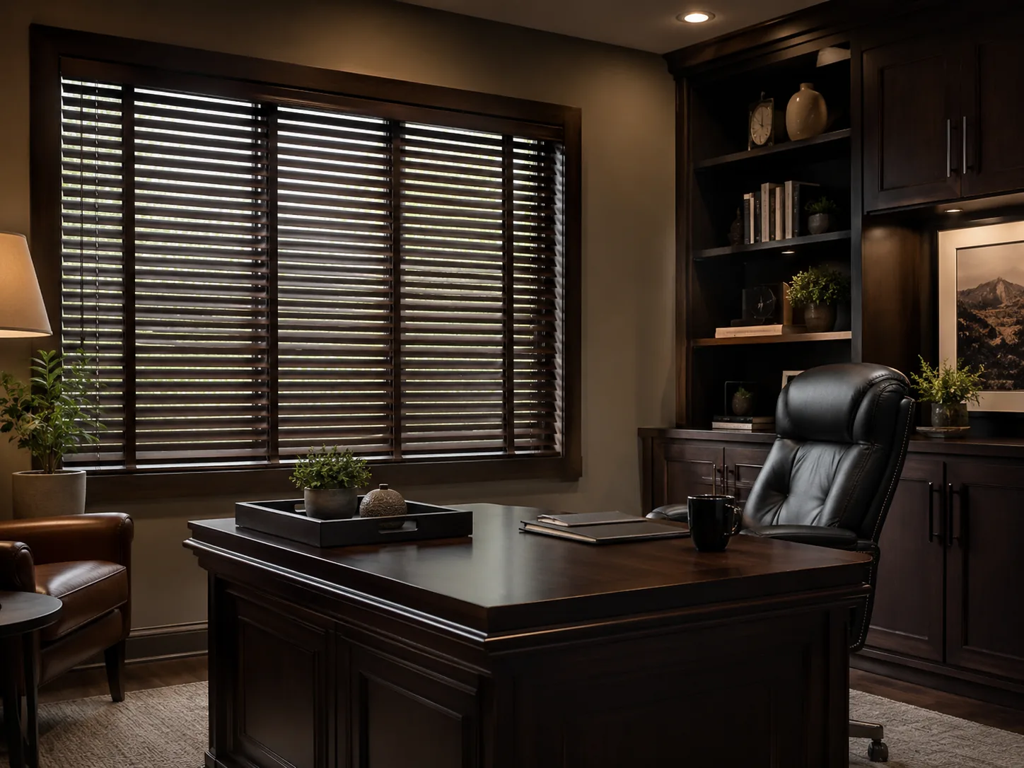 Dark wooden blinds controlling daylight in a home office
