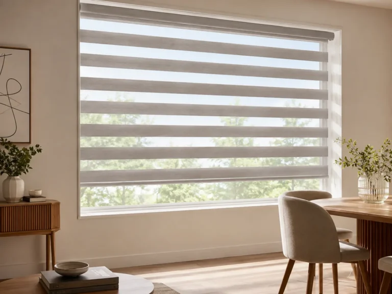 Day and Night blind aligned to admit filtered daylight in a living/dining room