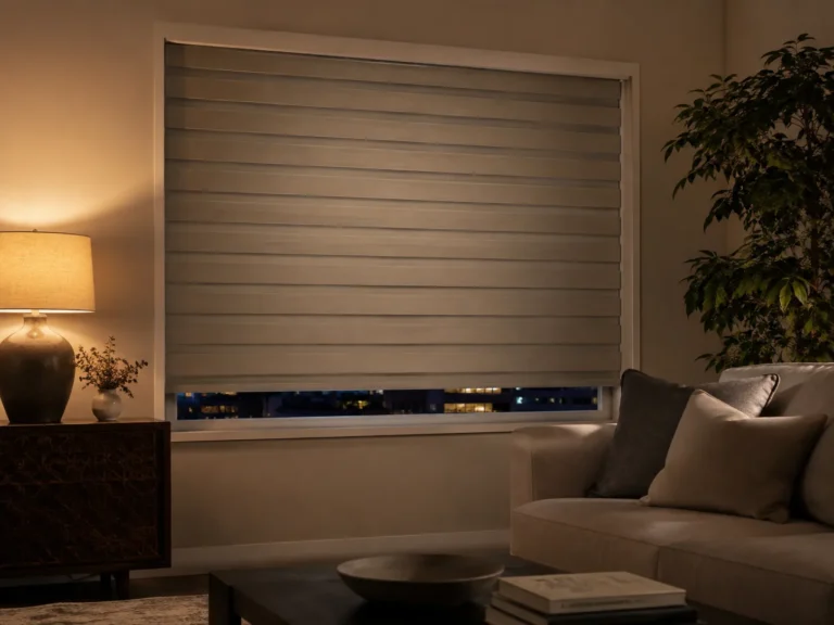 Day and Night blind aligned for evening privacy in a living room