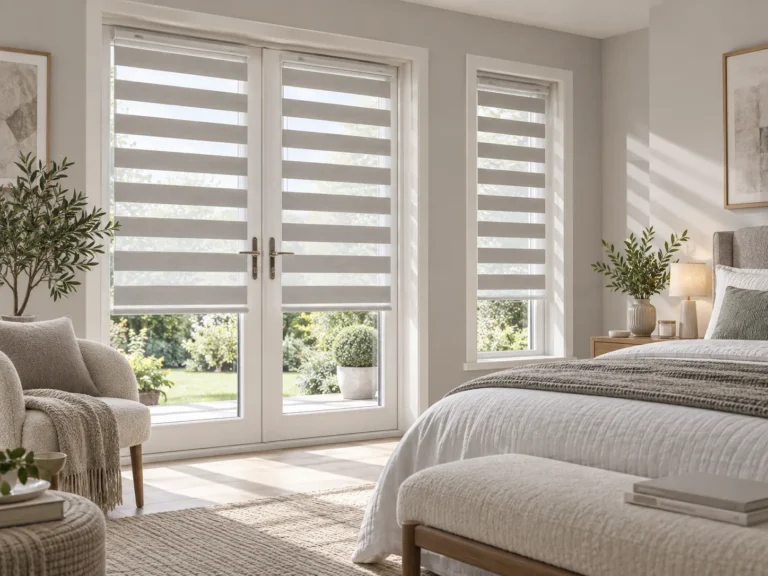 Grey Day and Night blinds fitted to bedroom windows in a bright neutral interior