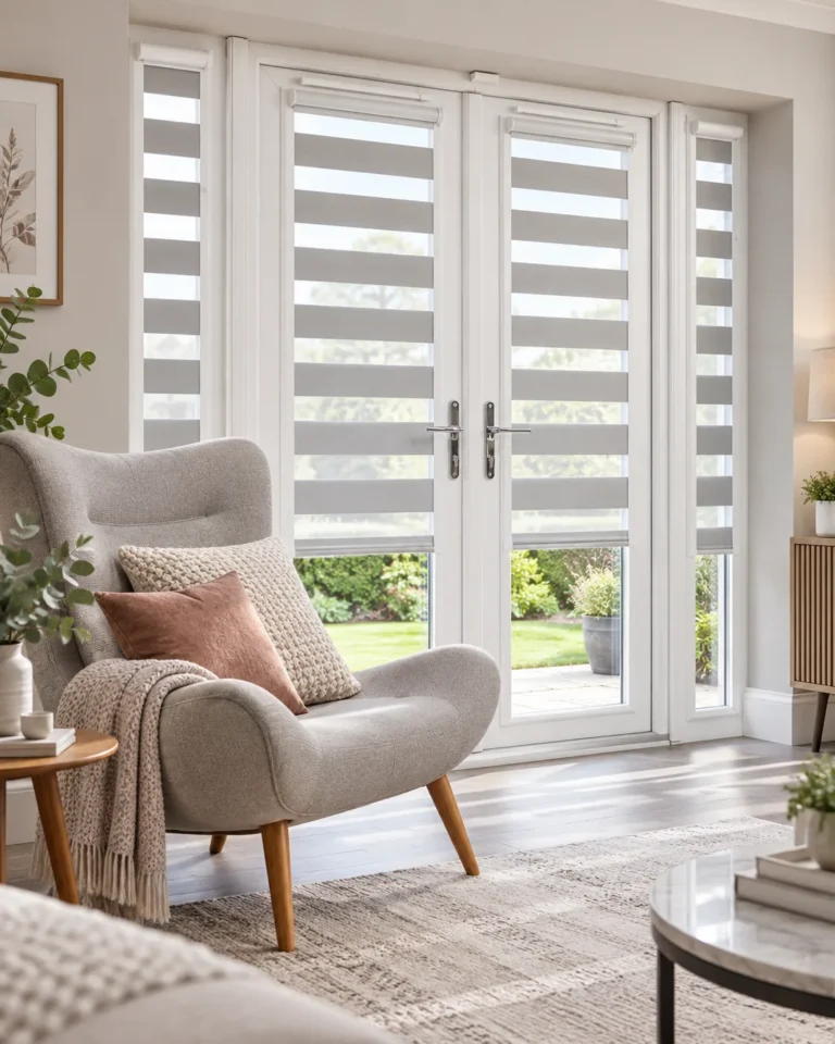 Day and Night blinds fitted to tall windows in a bright reading nook
