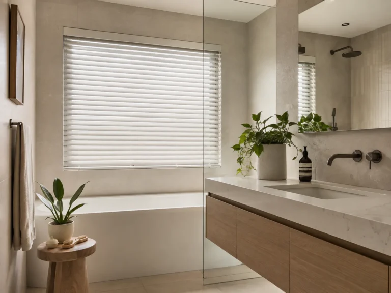 White faux-wood blinds fitted to a modern bathroom window