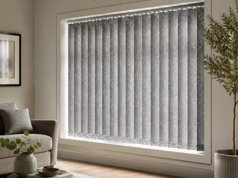 Grey patterned vertical blinds fitted across a wide living-room window