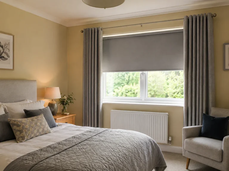 Grey roller blind fitted between curtains in a warm bedroom