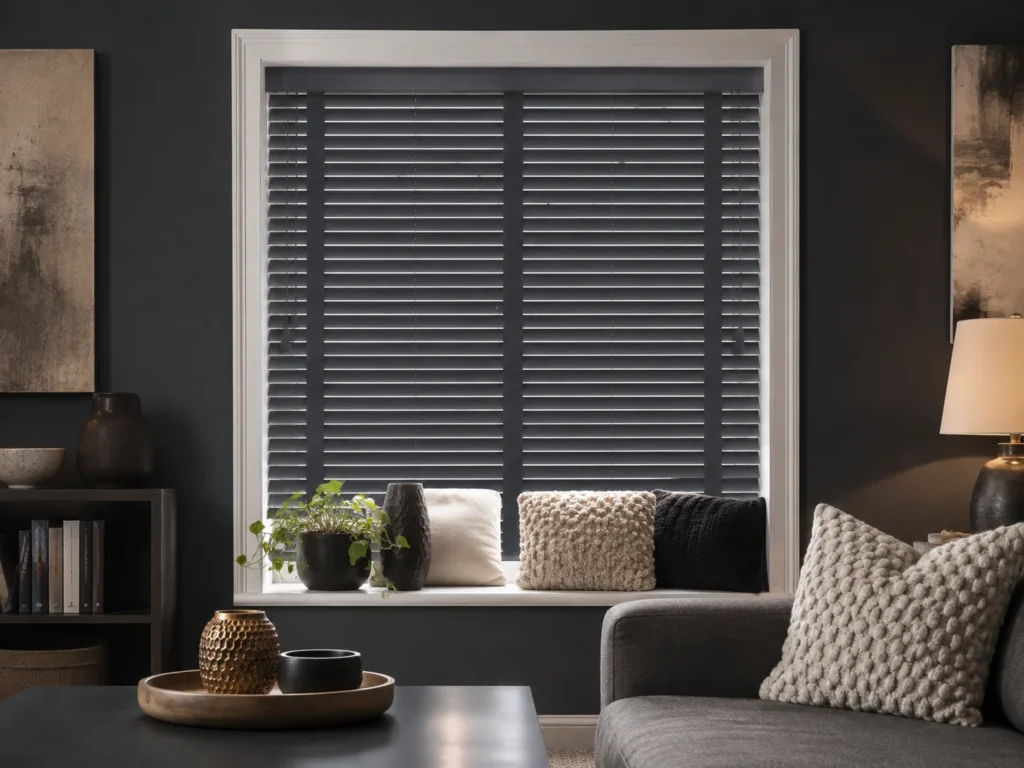 Grey Venetian blinds in a dark contemporary living room