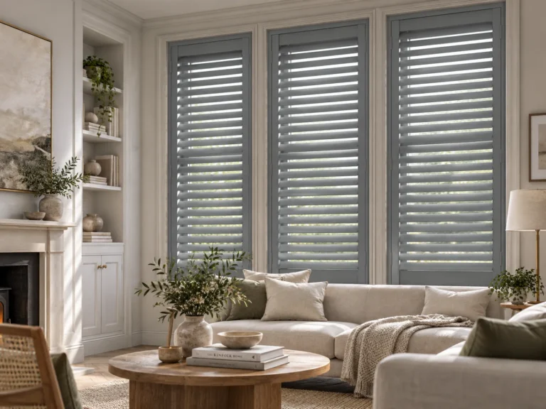 Grey plantation shutters fitted to tall living-room windows
