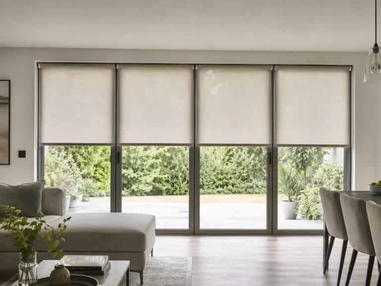 Individual roller blinds fitted across sliding patio-door panels