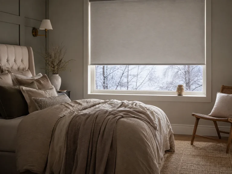 Light lined roller blind fitted in a cosy bedroom