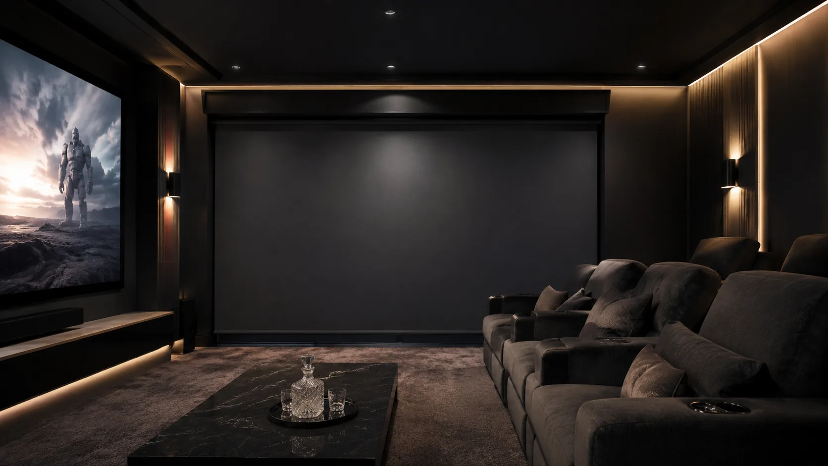 Motorised blackout blind in a dark home-cinema room