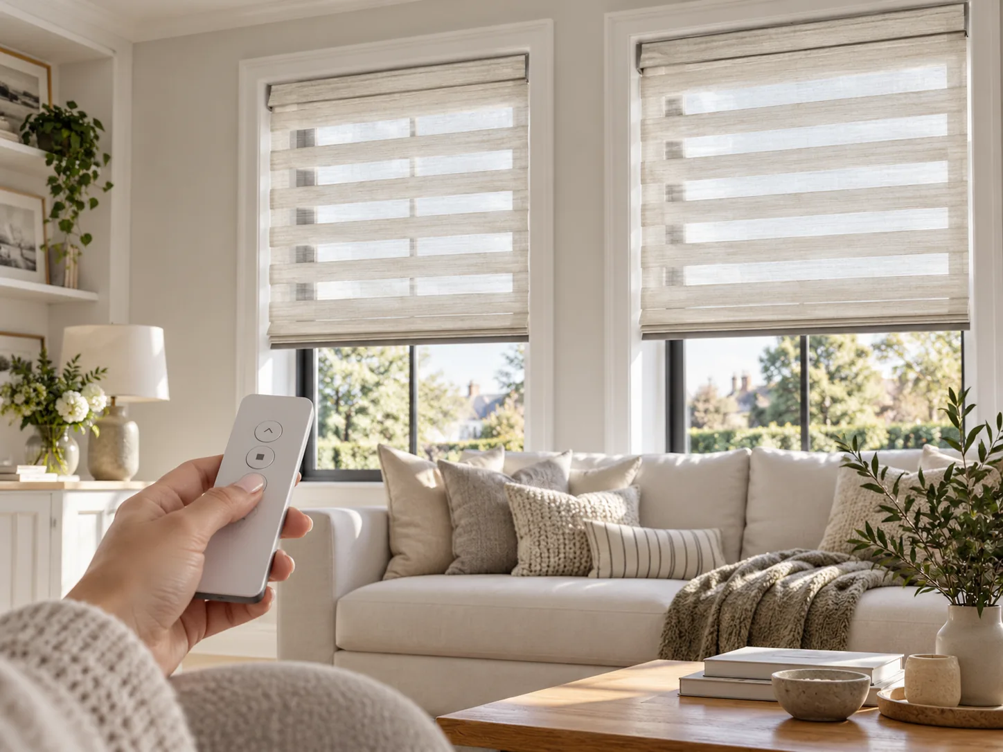 Motorised Day and Night blinds operated by remote control in a neutral living room
