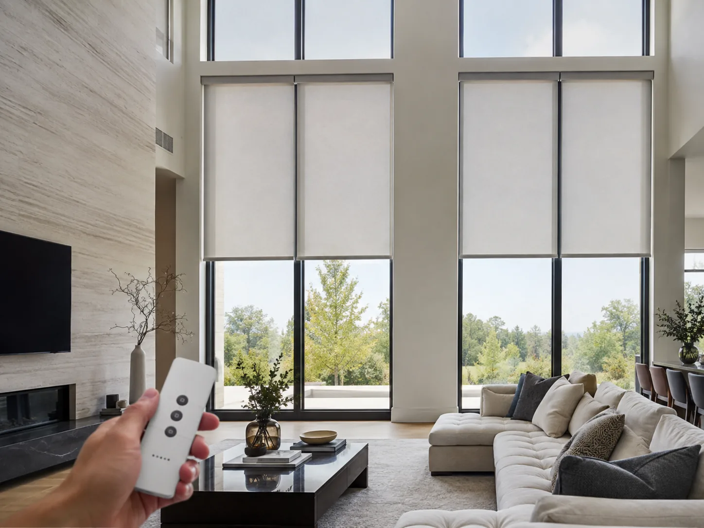 Motorised roller blinds on tall windows with a handheld remote in the foreground
