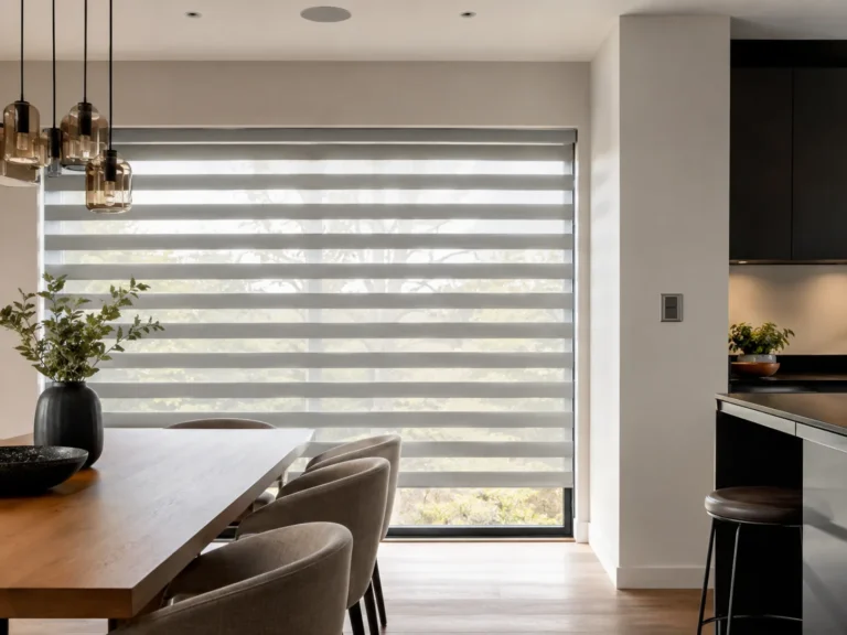 Motorised Vision/Day-and-Night blind in a dining room with a wall control visible