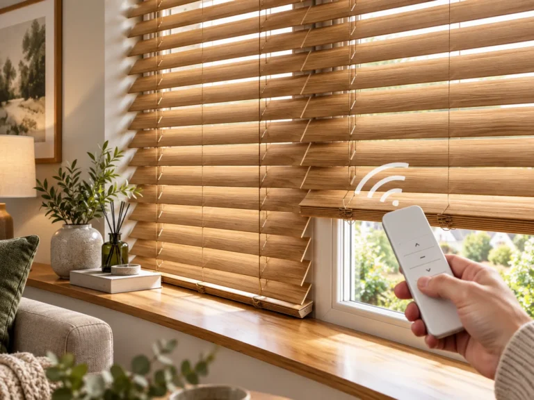 Motorised wooden Venetian blinds operated by remote control in a warm reading nook