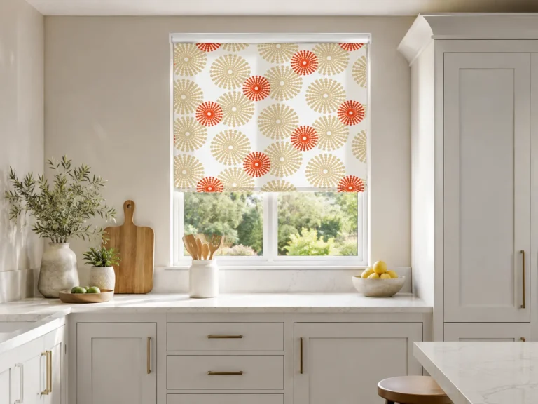 Patterned roller blind fitted above a window in a modern kitchen
