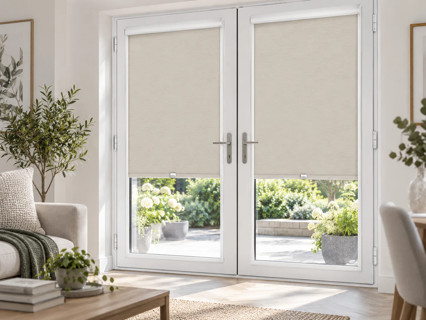 Integrated roller blinds fitted neatly within white French door frames