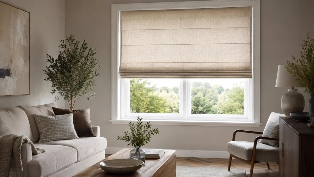 Neutral Roman blind fitted in a warm living room, wide composition