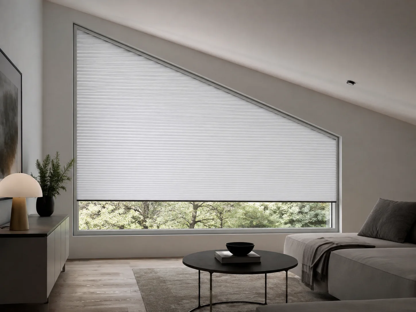 Pleated blind fitted to an angled trapezoid window