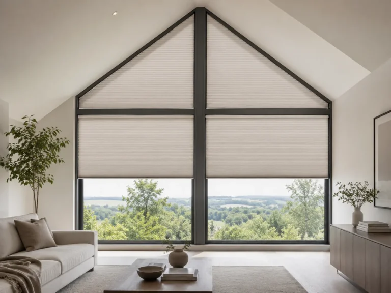 Pleated blinds fitted to a tall gable-shaped window