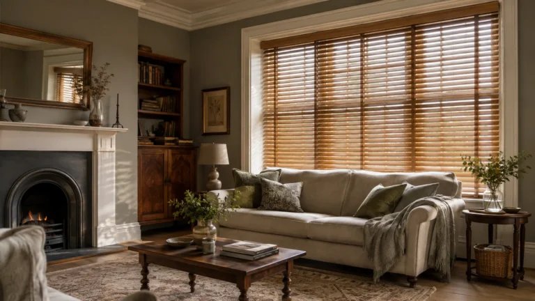 Warm real-wood Venetian blinds in a heritage-style living room